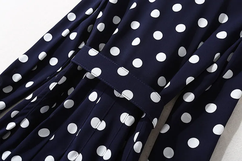 Women's Dark Blue Polka Dot Long Shirt Dress