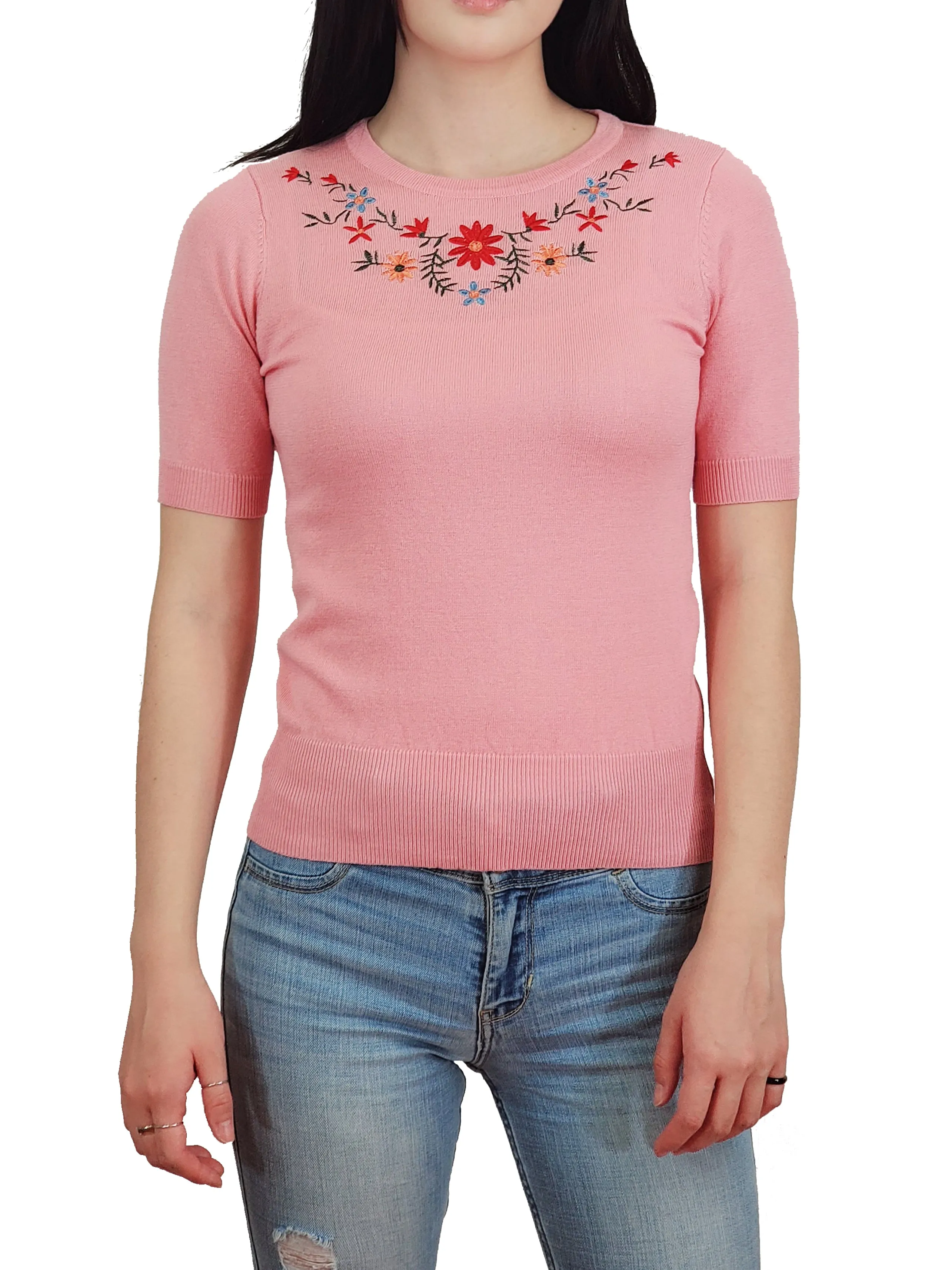 YEMAK Women's Daisy Flower Embroidered Crewneck Casual Knit Pullover Sweater MK3664EMBO (S-L)