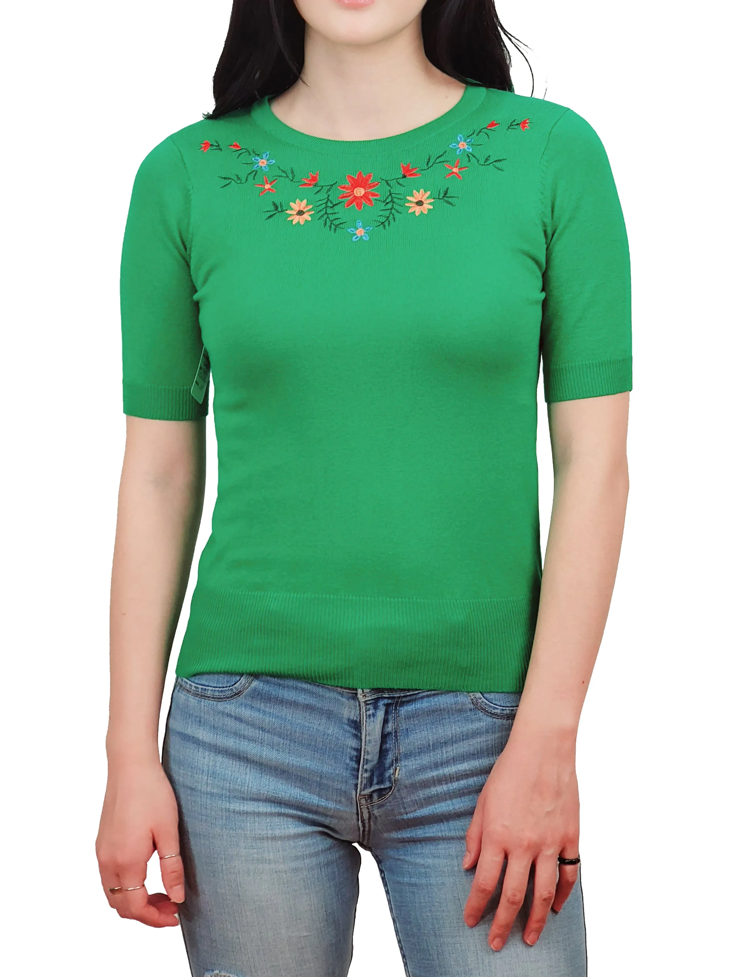 YEMAK Women's Daisy Flower Embroidered Crewneck Casual Knit Pullover Sweater MK3664EMBO (S-L)