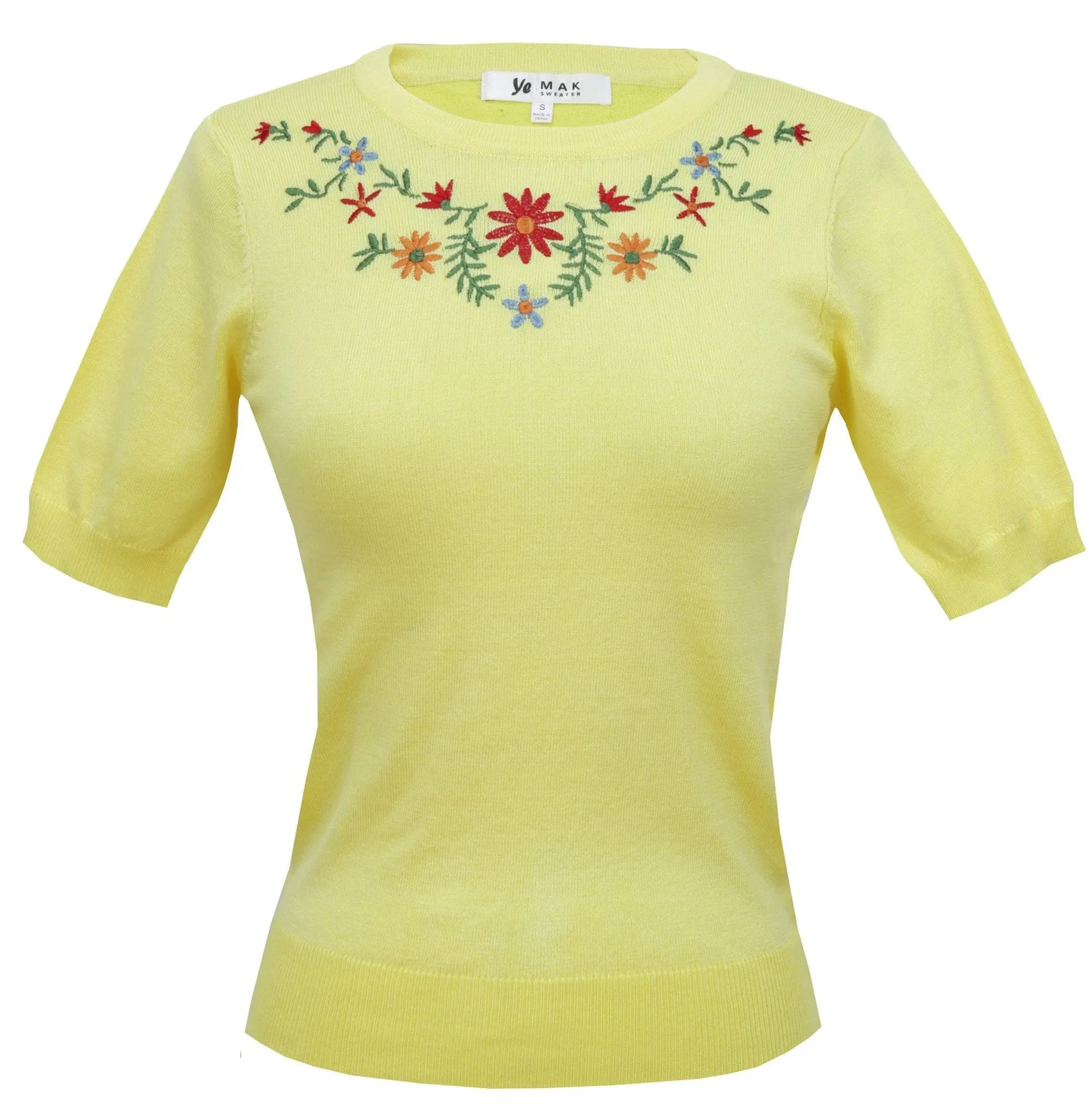 YEMAK Women's Daisy Flower Embroidered Crewneck Casual Knit Pullover Sweater MK3664EMBO (S-L)