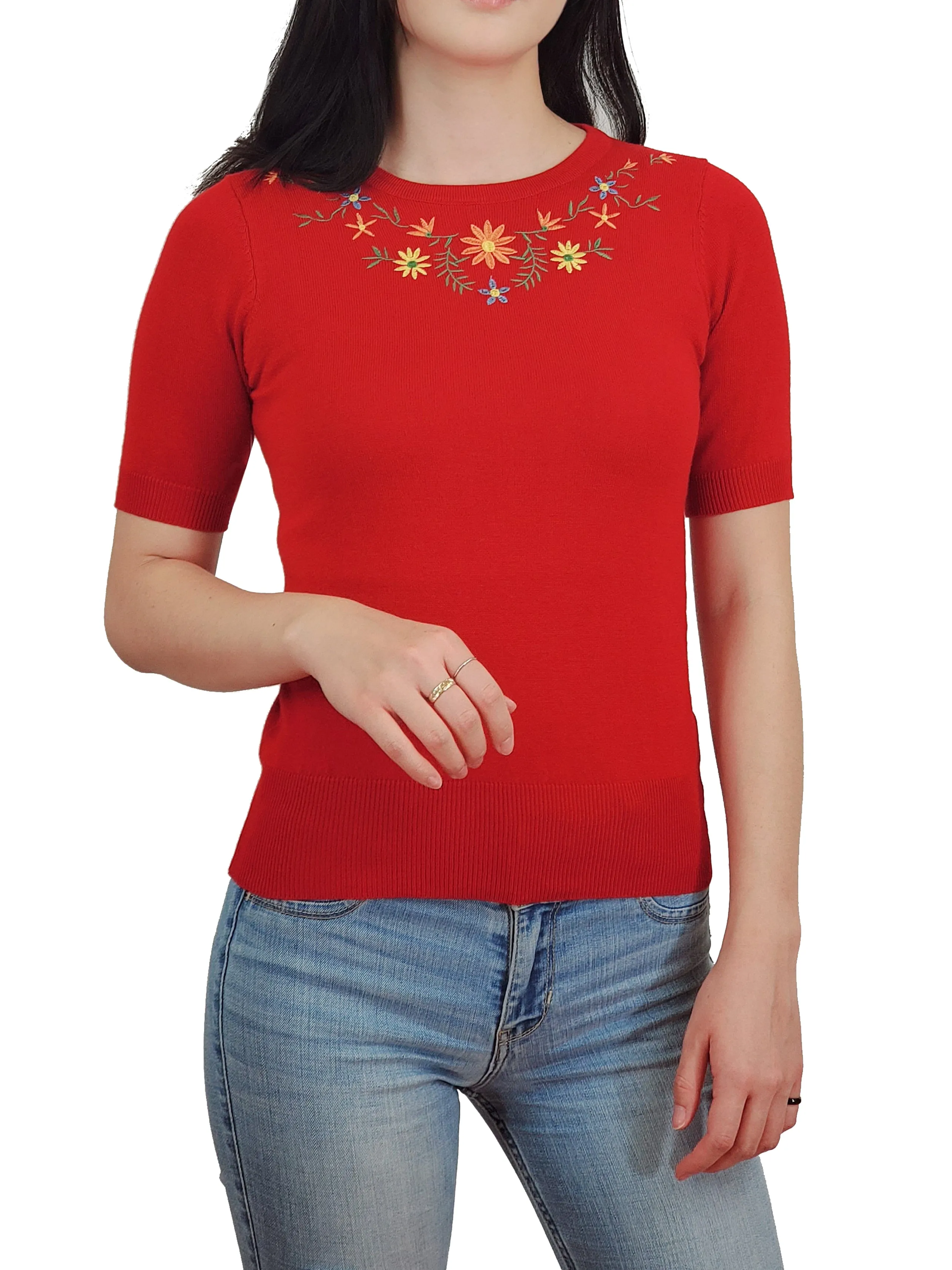 YEMAK Women's Daisy Flower Embroidered Crewneck Casual Knit Pullover Sweater MK3664EMBO (S-L)