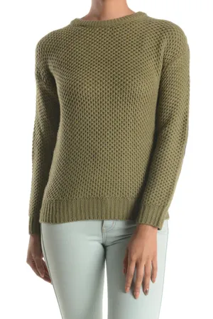 Yemak Women's Long Sleeve Honeycomb Stitch Sweater Top with Leather Patches MK3354