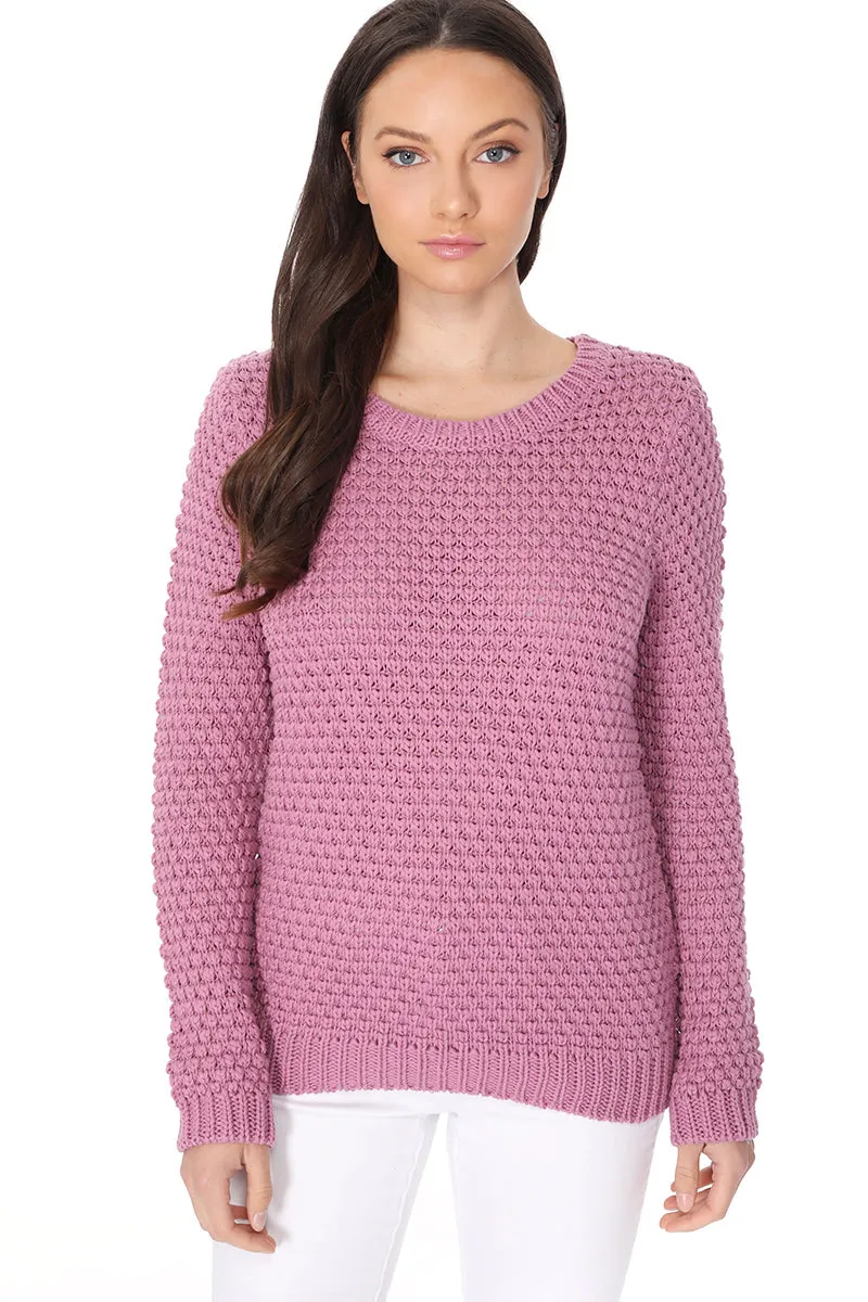 Yemak Women's Round Neck Long Sleeve Popcorn Knit Sweater Top MK8114