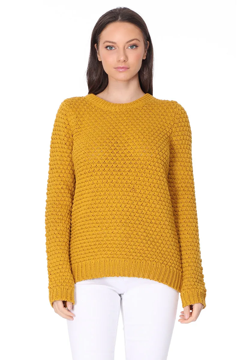 Yemak Women's Round Neck Long Sleeve Popcorn Knit Sweater Top MK8114