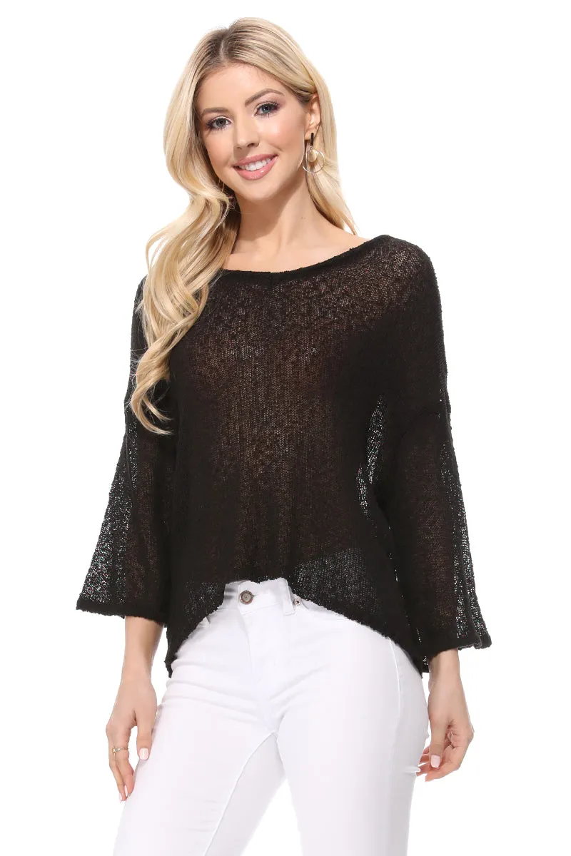 Yemak Women's Semi Sheer Open Back Batwing Sleeve Loose Knit Top MK3662