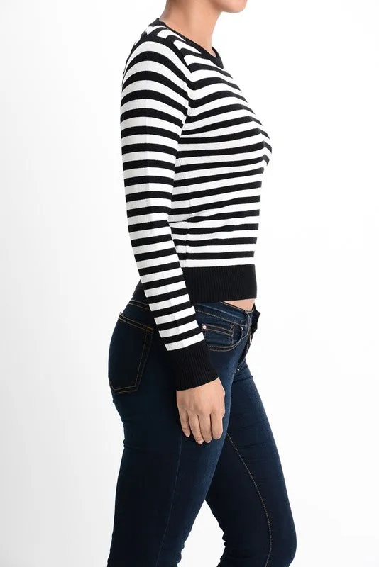 Yemak Women's Striped Pattern Round Neck Long Sleeve Sweater Pullover MK3494