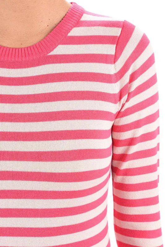 Yemak Women's Striped Pattern Round Neck Long Sleeve Sweater Pullover MK3494